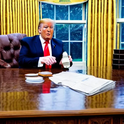 Image similar to Trump drinking whiskey in the Oval Office, newspaper picture, realistic, close-up, pulitzer-prized photo