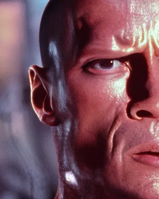 Prompt: Film still close-up shot of Dwayne Johnson as the T-1000 from the movie Terminator 2. Photographic, photography