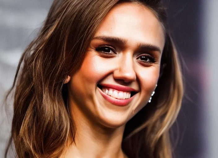 Image similar to a closeup, 4 5 mm, detailed photo of a woman smiling half jessica alba half nathalie portman half scarlett johansson, beautiful low light, 4 5 mm, by franz lanting