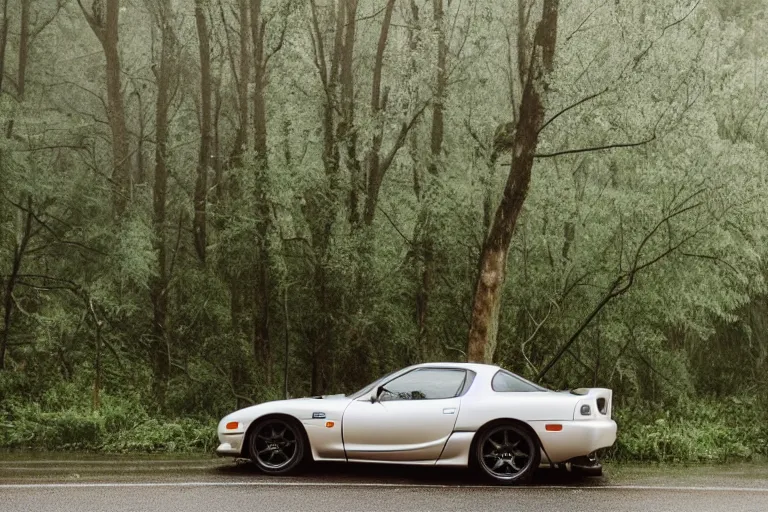 Image similar to A Mazda RX-7 parked in a road with trees, rainy spring season, Epic photography, taken with a Canon DSLR camera, 50 mm, insane depth of field