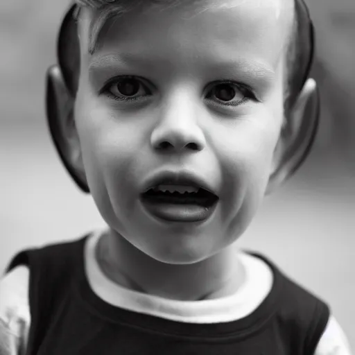 Image similar to the face of punk rock alien boy at 3 years old wearing balenciaga clothing, black and white portrait by julia cameron, chiaroscuro lighting, shallow depth of field, 8 0 mm, f 1. 8