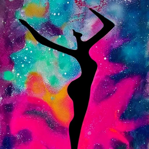 Image similar to abstract ink and acrylic painting, ink drawing shape of a dynamic dancing beautiful woman black silhouette!, pouring, sprays, nebulae colors, black dark blue purple and pink color scheme, curves, starfield, artstation, pinterest, more chaotic spread shapes