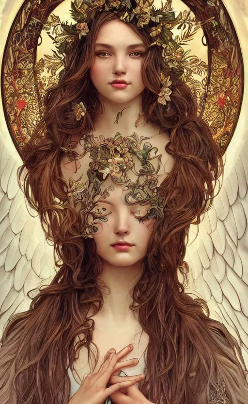 Image similar to a photograpic portrait of a pretty woman, angel, fantasy, intricate, elegant, highly detailed, digital painting, artstation, centered, concept art, smooth, sharp focus, illustration, art by artgerm and h r giger and alphonse mucha