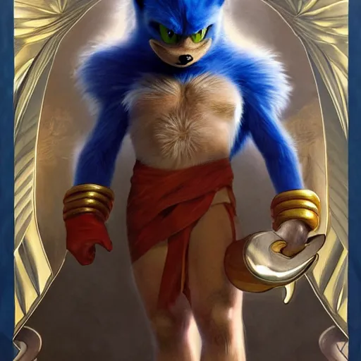 Prompt: sonic the hedgehog as a Greek god, gorgeous, amazing, muscular, fit, very muscular male body, intricate, highly detailed, digital painting, artstation, concept art, sharp focus, illustration, art by greg rutkowski and alphonse mucha