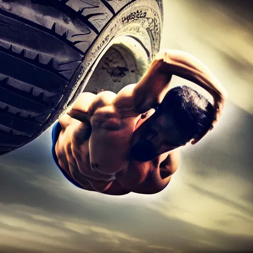 Image similar to car jump, bodybuilder, woman, holding, photo, digital art, hands, underbody, tire, throw, standing