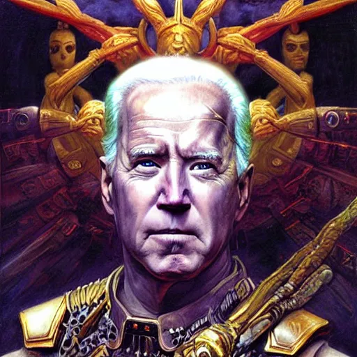 Prompt: mystical portrait of joe biden as cthonic war deity by j. c. leyendecker, bosch, willim blake, jon mcnaughton, and beksinski