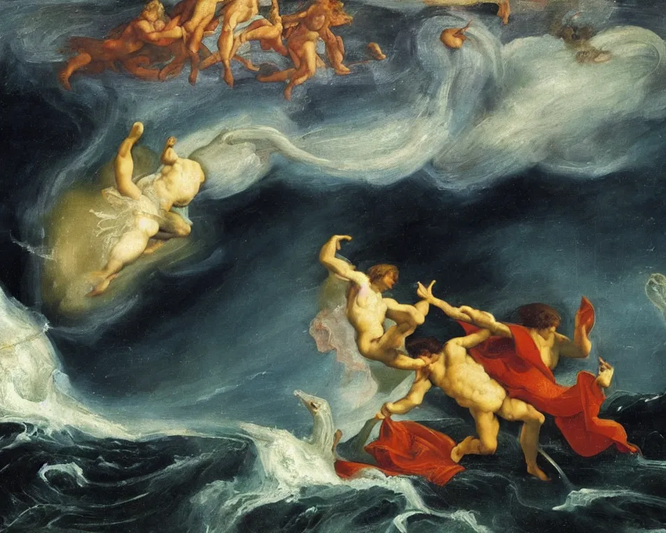 Prompt: an achingly beautiful oil painting of the planet Saturn colliding with the Poseidon by Raphael and Hopper.