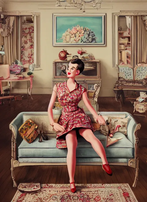 Image similar to wide - angle portrait of a retro 1 9 5 0 s living room, depth of field, zeiss lens, detailed, symmetrical, centered, fashion photoshoot, by nicoletta ceccoli, mark ryden, lostfish, breathtaking, 8 k resolution, extremely detailed, beautiful, establishing shot, artistic, hyperrealistic, octane render