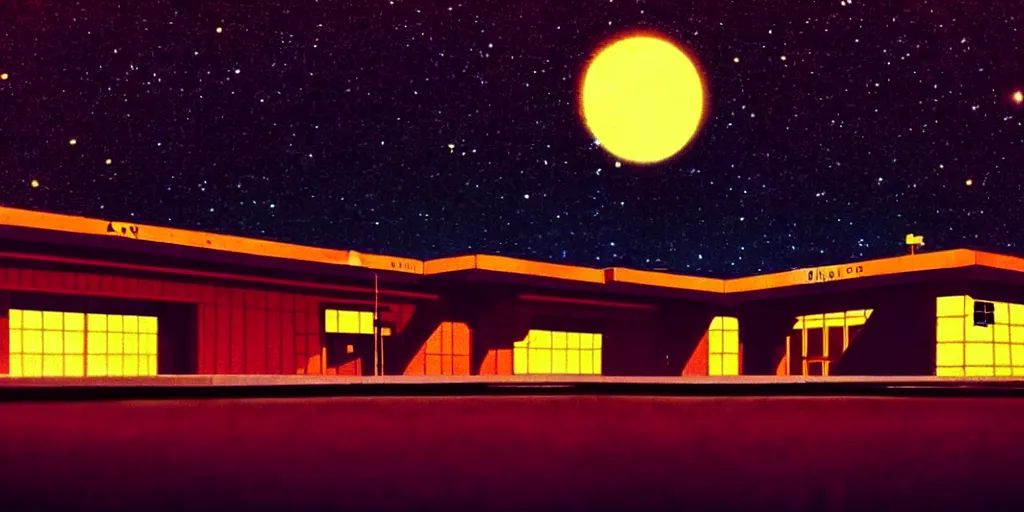 Prompt: low angle shot of a space port at night, film noir set design by Kabuki, in the style of Wes Anderson, shot on film, grainy, hyperrealistic, soundtrack by Tom Waits