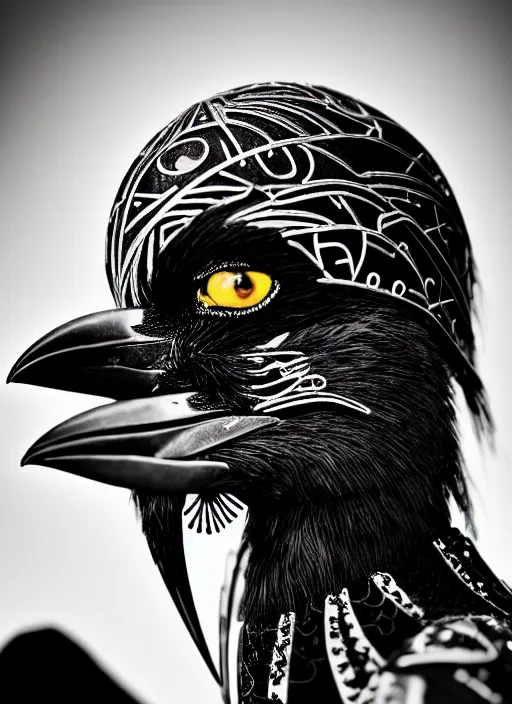 Image similar to a stunning young female crow - orchid - cyborg profile face, face is made intricate tribal bio - mechanical, editorial photography, bw, shot on 7 0 mm, depth of field, f / 2. 8, high contrast, 1 6 k, volumetric lighting, shiny, insanely detailed and intricate, hypermaximalist, elegant, ornate, hyper realistic, super detailed