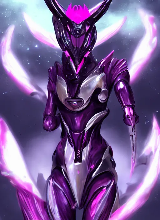 Prompt: cinematic goddess close shot, galactic sized proportional stunning beautiful hot female warframe, sleek mecha female dragon head, metal ears, led purple eyes, smooth fuschia skin, smooth silver armor, floating in space, holding a galaxy, epic proportions, epic size, epic scale, furry art, dragon art, giantess art, warframe fanart, furaffinity, octane