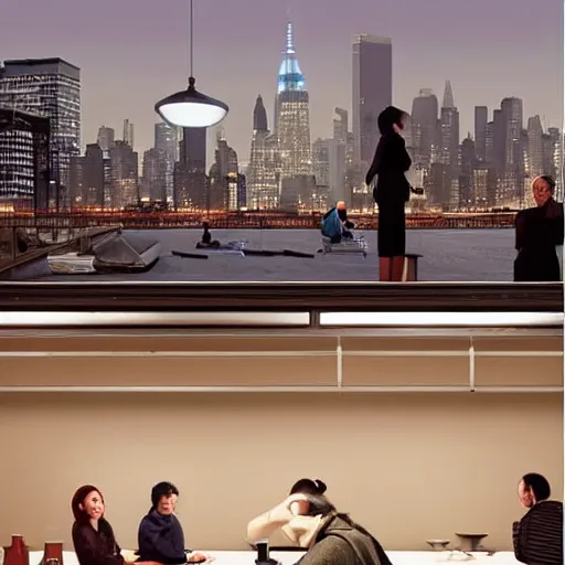 Prompt: cgi jade by michael sowa, by kazuki takamatsu. the art installation shows four people sitting in a diner late at night. the people in the art installation look tired & lonely. the art installation is set in new york city & shows the city's skyline in the background.