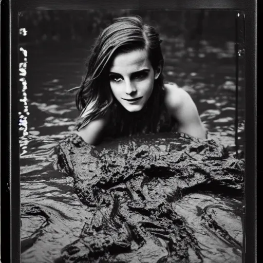 Prompt: night time, emma watson rising out of muddy vietnam river, face covered in mud, low camera angle at water level, night time, dark, polaroid, 2 0 0 mm zoom,