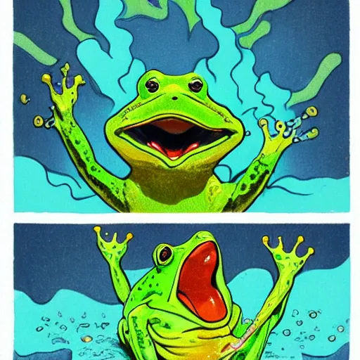 Image similar to frog screaming at an ocean of lava split in two