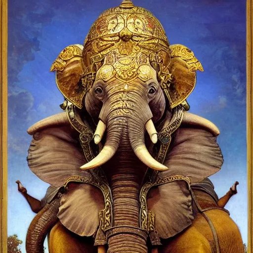 Image similar to srilankan elephant with high - teh steampunk head armour baroque style, painting by gaston bussiere, craig mullins, j. c. leyendecker, lights, art by ernst haeckel, john william godward, hammershøi,