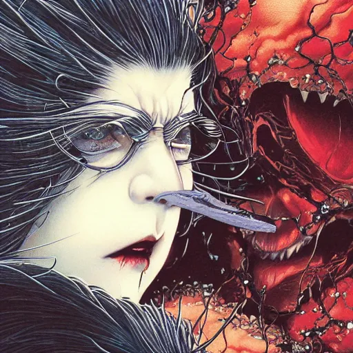 Prompt: closeup of face melting, vampire, by yoichi hatakenaka, masamune shirow, josan gonzales and dan mumford, ayami kojima, takato yamamoto, barclay shaw