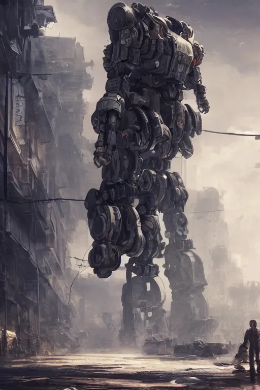 Prompt: ultra realist and ultra intricate detailed soft painting of a large mech, standing in a post-apocalyptic street, sensual gloomy style, volumetric clouds, artstation, unreal render, depth of field