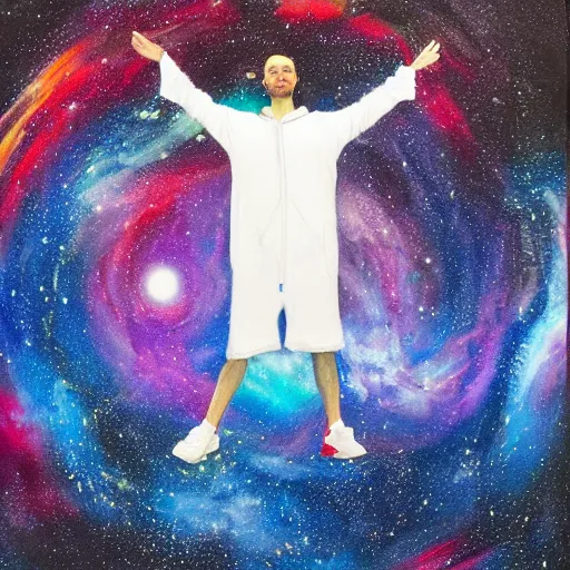 Prompt: guy with white hoodie levitates in the center of the galaxy painting