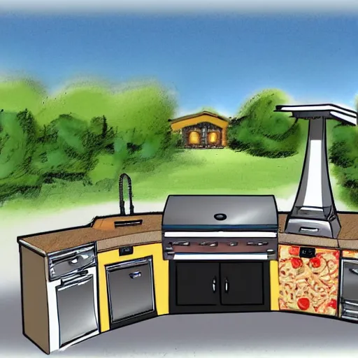 Prompt: new ideas for outdoor kitchen design with grill and pizza oven, designer pencil sketch, HD resolution