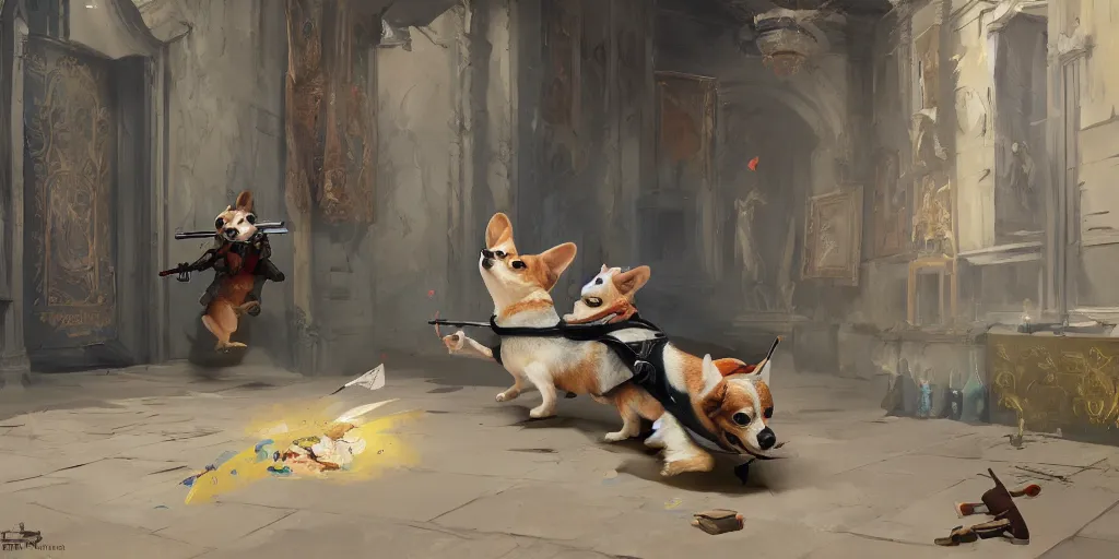 Prompt: highly detailed painting of a corgi assassin infiltrating a palace, by Sergey Kolesov, trending on Artstation, 8k, masterpiece, graffiti paint, dishonored