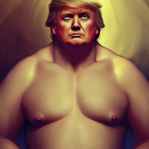 Prompt: symmetry!! portrait chubby shirtless donald trump, intricate, elegant, highly detailed, digital painting, artstation, concept art, smooth, sharp focus, illustration, art by artgerm and greg rutkowski and alphonse mucha