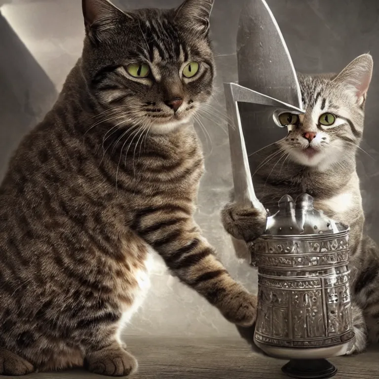 Image similar to an amazing award winning photo of a cat as knight templar protecting the holy grail, very detailed and sharp, 4k hdr, cinematic masterpiece