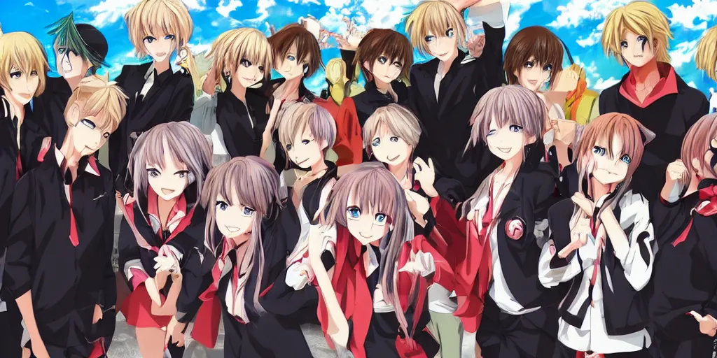 Image similar to 2 anime girls posing with 6 anime boys