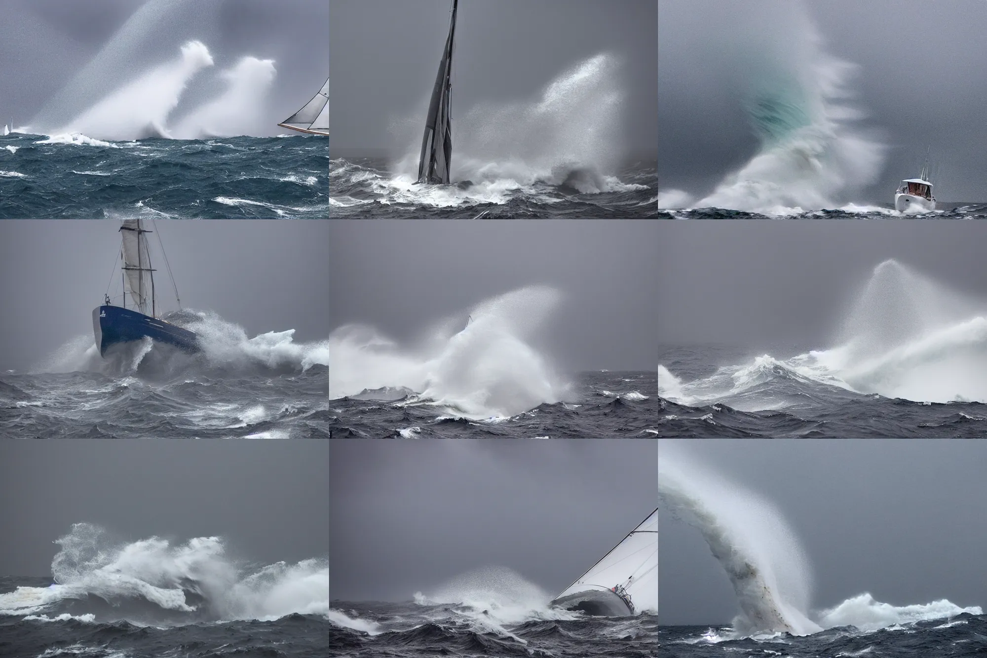 Prompt: photo of a sailing yacht in a severe storm, high seals and huge waves, heavy rain and spray. The scene portrays a fearful emotion