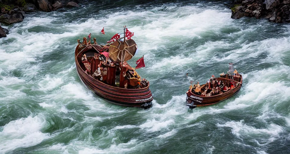 Prompt: a highspeed viking ship sailing down a river, f / 2. 8, motion blur