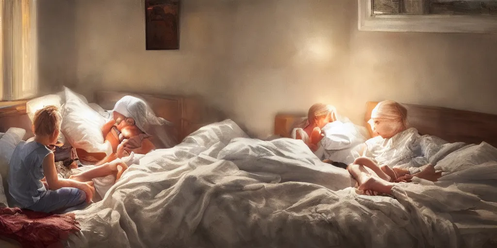 Prompt: family sick with the flu, ultra realistic, cozy, warm lighting, high art, oil painting, 8 k resolution