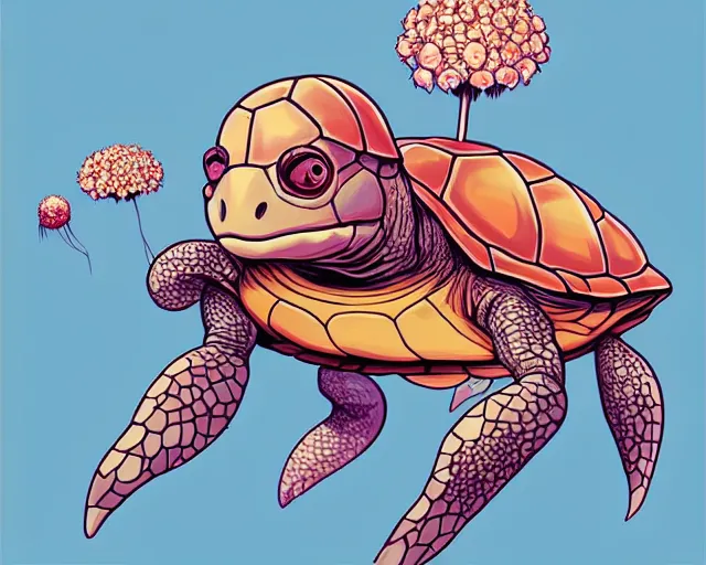 Image similar to cell shaded cartoon of a realistic turtle with a flower bulb growing out of its back. full body, concept art by josan gonzales and wlop, by james jean, victo ngai, david rubin, mike mignola, deviantart, art by artgem