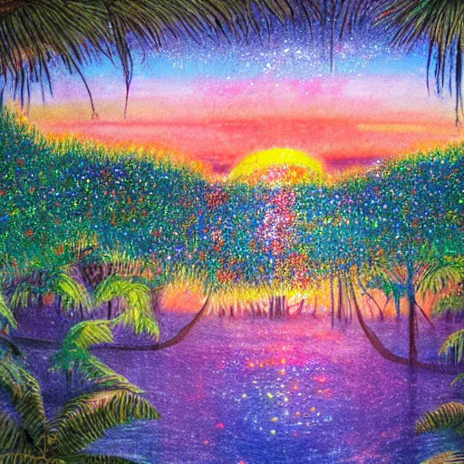 Image similar to sunset tropical forest, sparkling spirits, detailed wide shot, crayon, ground detailed, wet eyes reflecting into eyes reflecting into infinity, beautiful lighting