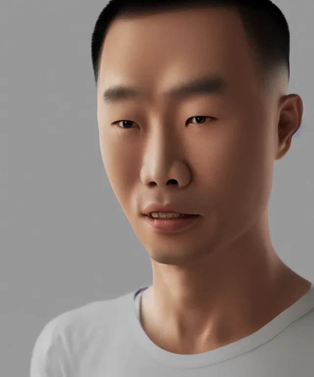 Image similar to portrait of an asian man who has white victoria's secret model's head, realistic, 4 k