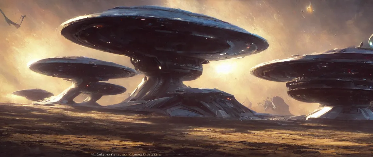 Image similar to An oil painting of an alien starship by Craig Mullins