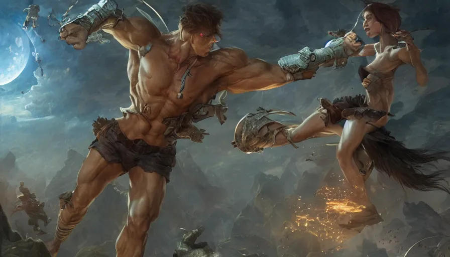 Prompt: epic masterpiece tournament, hyperrealistic, octane render, cinematic, night, moon, muscular bodies, sweaty skin flying kicks, magic, by Edgar Maxence and Ross Tran and Michael Whelan, Lorenzo Sperlonga Legends of Runeterra