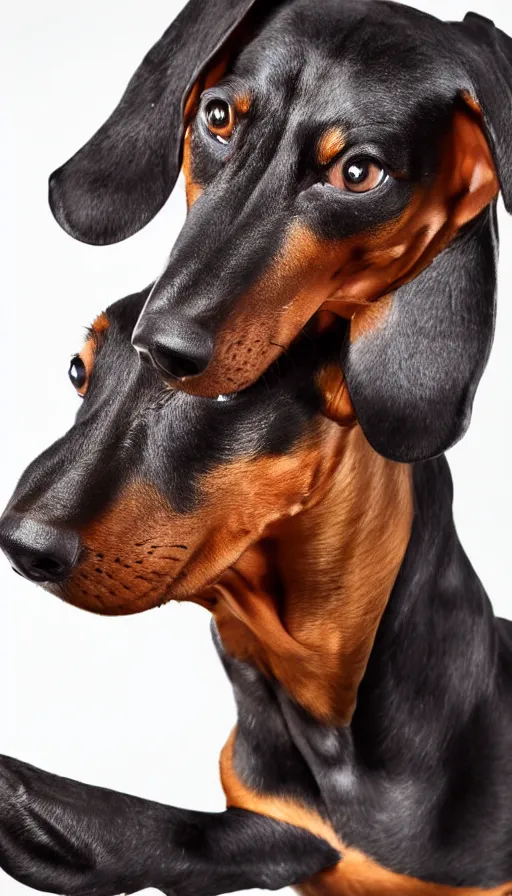 Image similar to dachshund bodybuilder flexing biceps, photography, studio lighting
