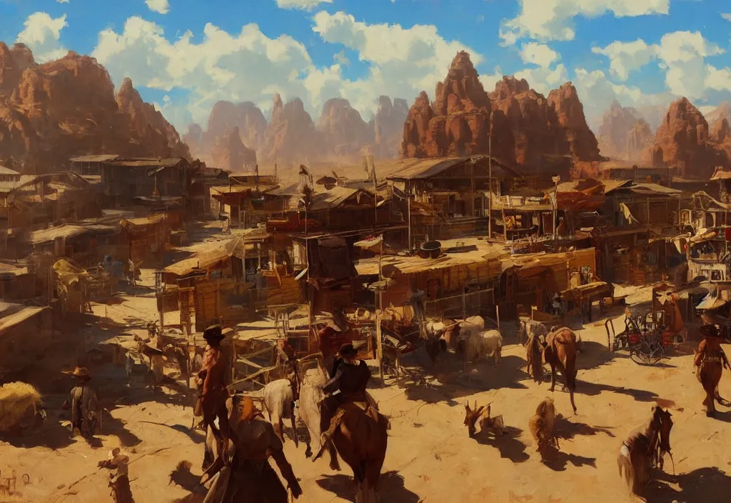 Image similar to greg manchess painting of a wild west town landscape in the year 1 8 5 0, any person in the painting only buildings, painting, trending on artstation, by huang guangjian and gil elvgren and sachin teng