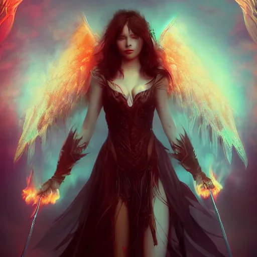 Prompt: young vampire princess with burning wings 4 k high definition gorgeous dramatic lighting artstation trending path traced contrast light and dark cinematic breathtaking by hans zatzka