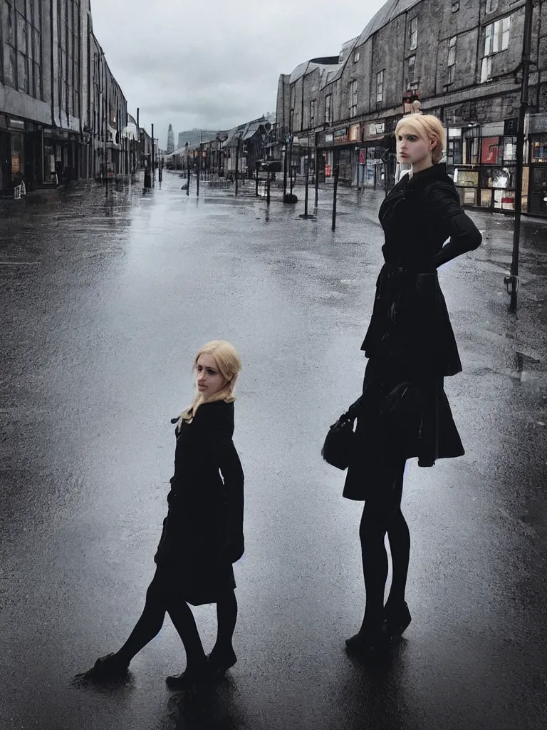 Image similar to cute annie leonhart in the dunwall city centre, dunwall city, beautiful face, natural lighting, rainy weather, gothic architecture, natural reflections, model agency, instagram photo, depression atmosphere, shot on iphone 1 3 pro, natural beauty, beautiful girls