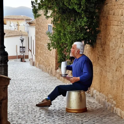 Prompt: a roman drinking a coffee in alhaurin de la torre in spain