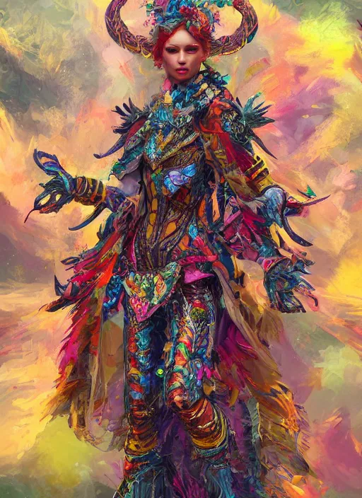 Image similar to detailed full body concept art illustration colorful oil painting of a hunter goddess in full intricate colorful clothing, ultra detailed, digital art, octane render, 4k