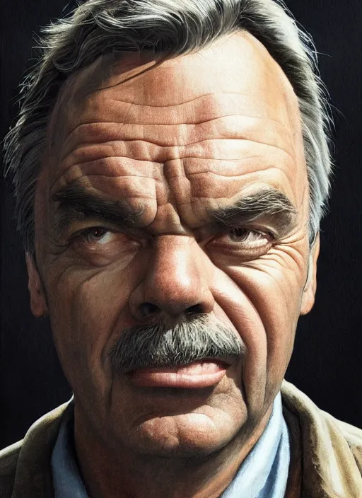 Image similar to portrait of Sam Neill from In The Mouth of Madness (1994), highly detailed, centered, solid color background, digital painting, artstation, concept art, smooth, sharp focus, illustration, Basil Gogos, Joseph Christian Leyendecker, Les Edwards, Ed Repka, WLOP, Artgerm