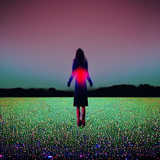 Prompt: a woman standing on steps in a field at night, a hologram by kusama, instagram, optical illusion, full body, ultra hd, neon