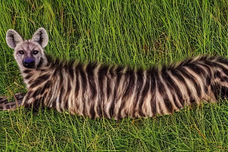 Prompt: striped hyena laying in between the grass in savannah lit by the sunset, zoomed out, birds - eye - view