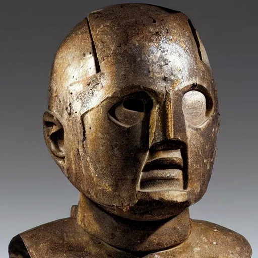 Image similar to an extremely ancient ironman bust that is tarnished and covered in sediment from uncovered earth expedition, rare photograph, smithsonian,