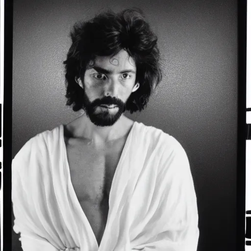 Image similar to Jesus moments after DMT hallucinations began. Close-up studio portrait by Robert Mapplethorpe. Tri-x