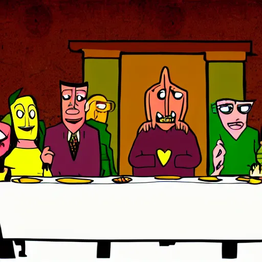 Prompt: the last supper in the style of courage the cowardly dog, detailed, hd, cartoon art,