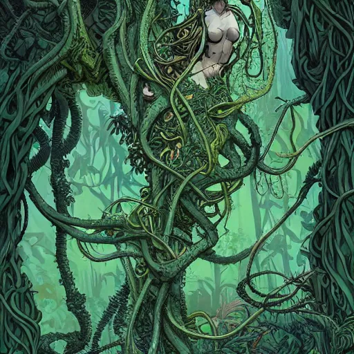 Image similar to EXTREMELY DETAILED TWISTED DENSE vegetation stunning jungle beautifully-rendered verdant green ENT NYMPH twisting winding knotted tangled vines and trees by moebius by James Jean, by Mike Mignola comic graphic novel style action illustration COMPLICATED INTRICATE BUSY, gritty textured, trending on artstation