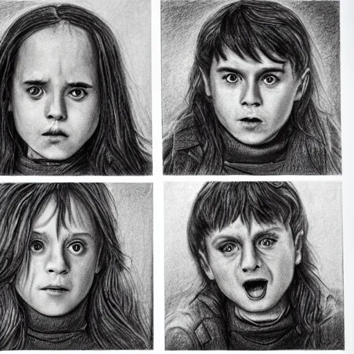 Image similar to pencil drawing bunch of charachters from harry potter looking at each other