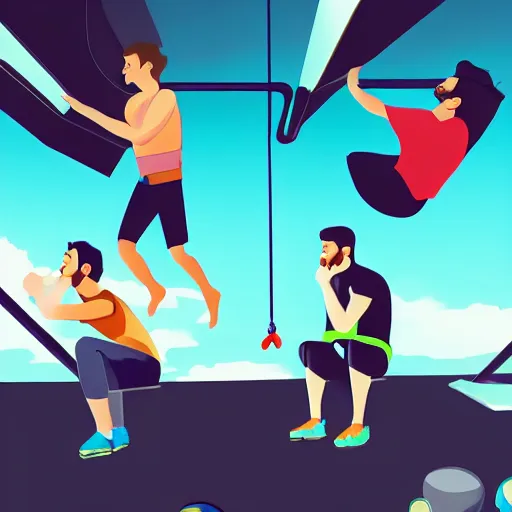 Image similar to a man is sitting in an airplane, watching his friends enjoy bouldering in a gym. award - winning digital artwork